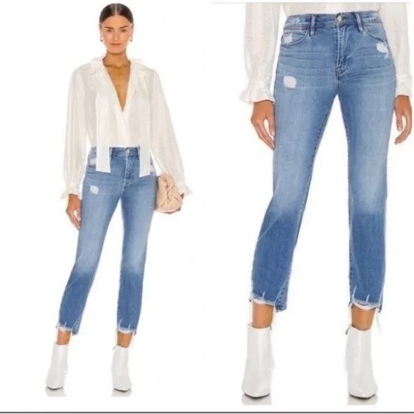 Frame Denim Denim - Frame Le High Straight Laskey Rips Distressed Denim Jeans Light Wash Size 23